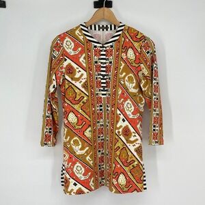 J.McLaughlin Size Small Orange Brown Print 3/4 Sleeve Catalina Cloth Tunic Top‎